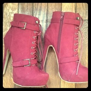 Burgundy Faux Suede Stilleto Lace Up Boots 6 1/2